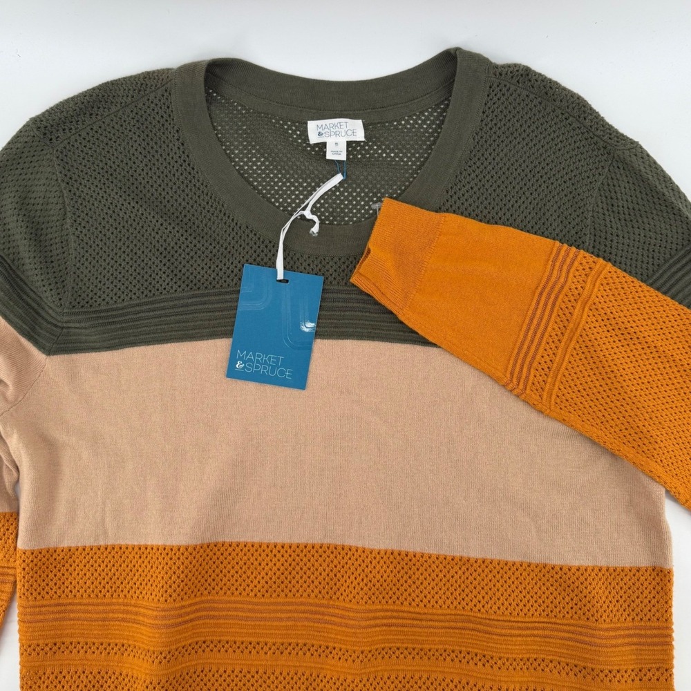 Market & Spruce Striped Crew Neck Sweater Green Tan Orange X-Large Textured Knit